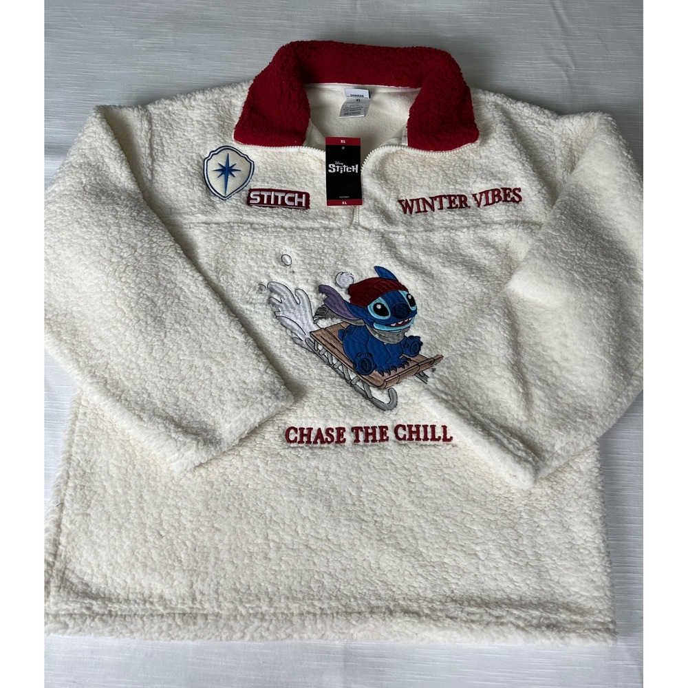 Disney Stitch Sherpa Fleece Pullover Cream Red Winter Vibes Quarter Zip XL NEW
